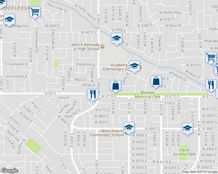 map of restaurants, bars, coffee shops, grocery stores, and more near 4683 West Arlington Park Drive in West Valley City