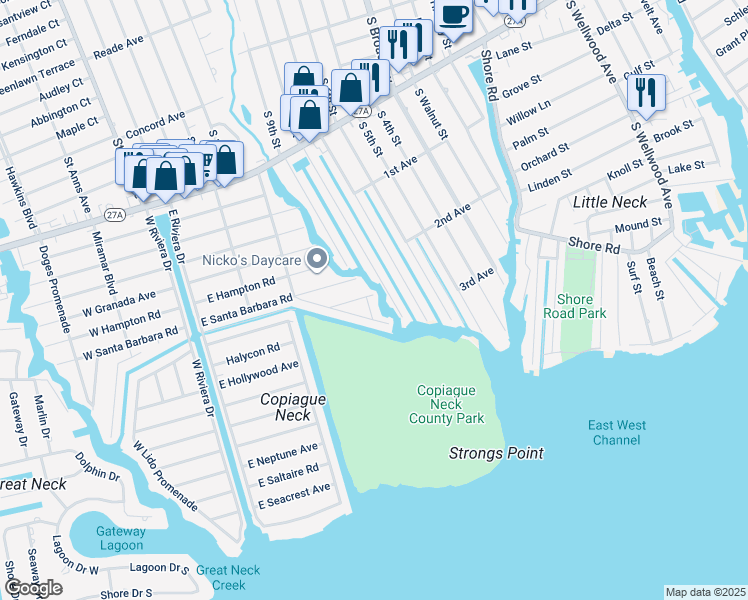 map of restaurants, bars, coffee shops, grocery stores, and more near 15 Sands Lane in Lindenhurst