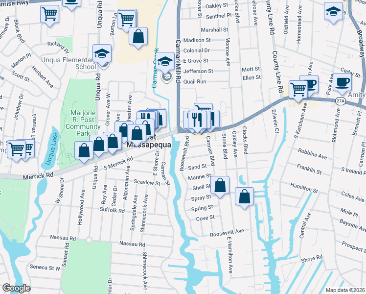 map of restaurants, bars, coffee shops, grocery stores, and more near 7 Roosevelt Boulevard in Massapequa