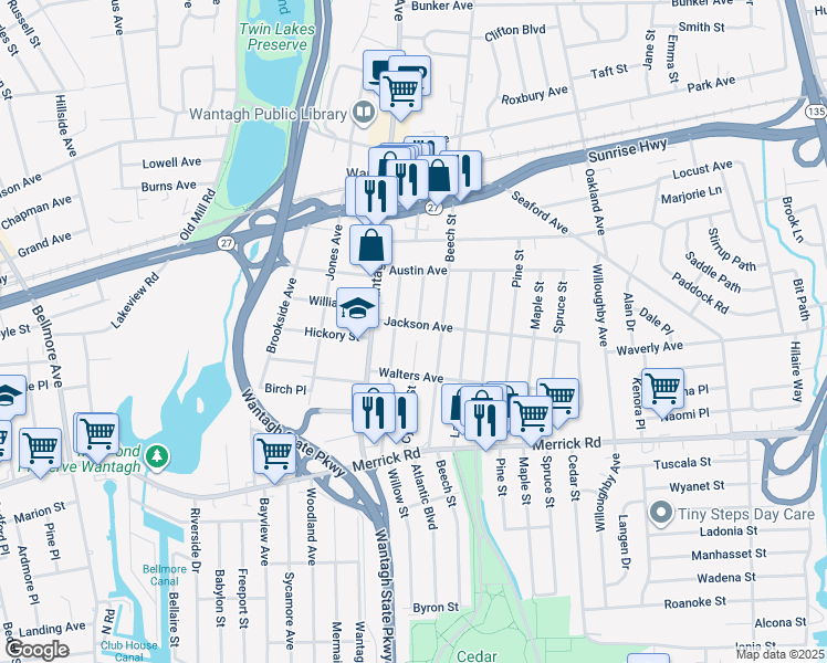 map of restaurants, bars, coffee shops, grocery stores, and more near 2145 Cypress Street in Wantagh