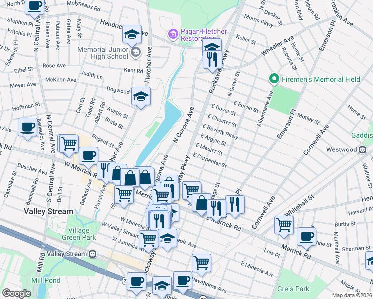map of restaurants, bars, coffee shops, grocery stores, and more near 95 Rockaway Parkway in Valley Stream