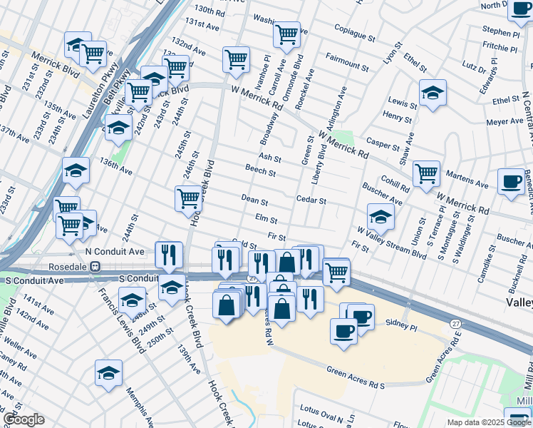 map of restaurants, bars, coffee shops, grocery stores, and more near 134 Elm Street in Valley Stream
