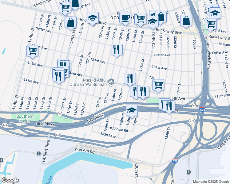 map of restaurants, bars, coffee shops, grocery stores, and more near 135-39 126th Street in Queens