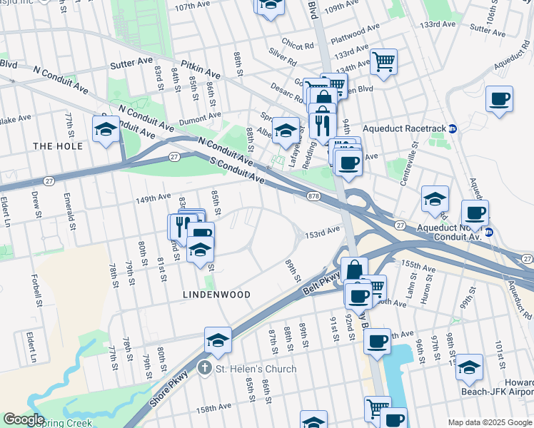 map of restaurants, bars, coffee shops, grocery stores, and more near 88-12 151st Avenue in Queens