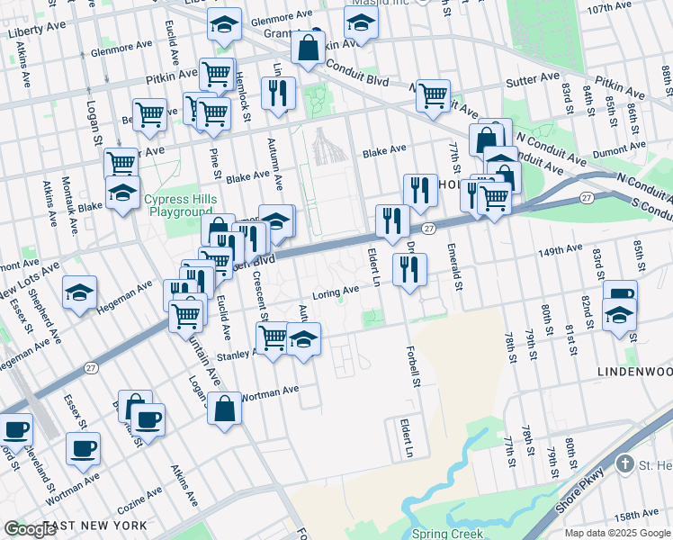 map of restaurants, bars, coffee shops, grocery stores, and more near 1259 Loring Avenue in Brooklyn