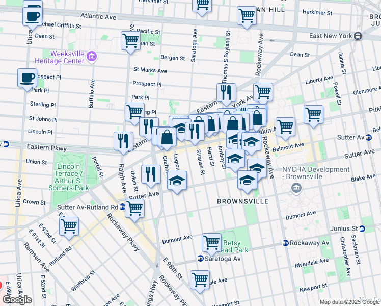 map of restaurants, bars, coffee shops, grocery stores, and more near 529 Saratoga Avenue in Brooklyn