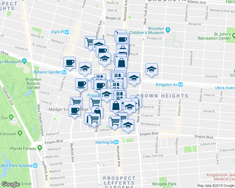 map of restaurants, bars, coffee shops, grocery stores, and more near 1180 President Street in Brooklyn