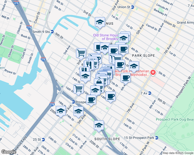 map of restaurants, bars, coffee shops, grocery stores, and more near 246 12th Street in Brooklyn