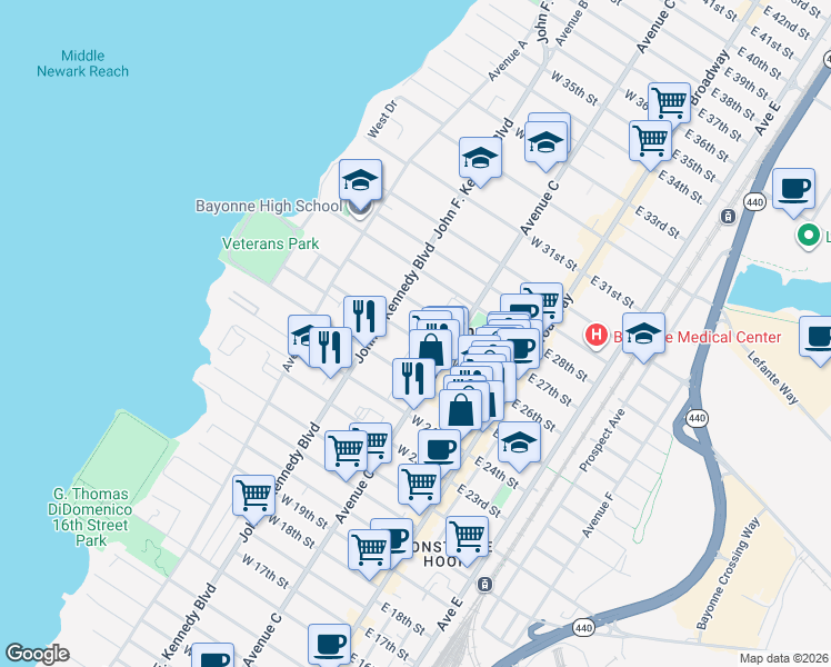 map of restaurants, bars, coffee shops, grocery stores, and more near 80 West 26th Street in Bayonne