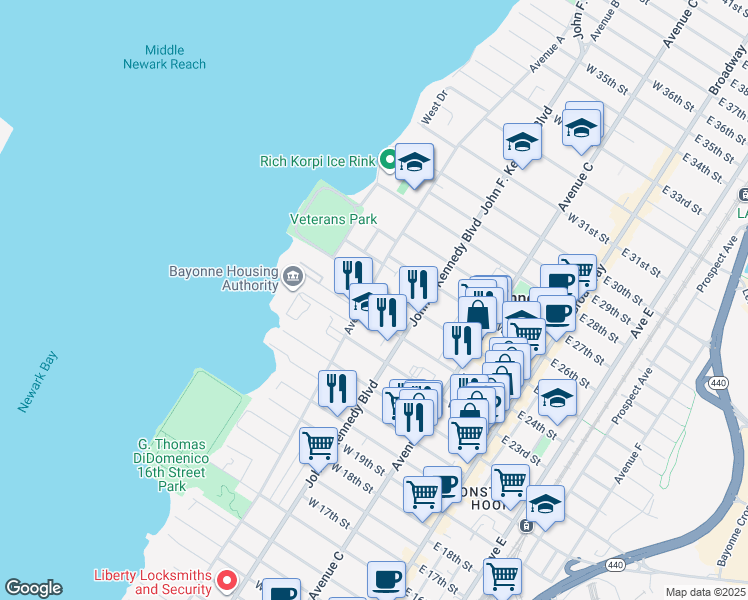 map of restaurants, bars, coffee shops, grocery stores, and more near 149 West 24th Street in Bayonne