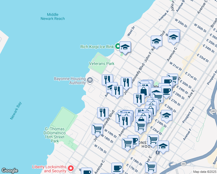 map of restaurants, bars, coffee shops, grocery stores, and more near 149 West 24th Street in Bayonne