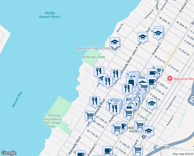 map of restaurants, bars, coffee shops, grocery stores, and more near 149 West 24th Street in Bayonne