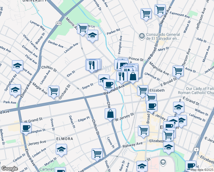 map of restaurants, bars, coffee shops, grocery stores, and more near 308 Cherry Street in Elizabeth