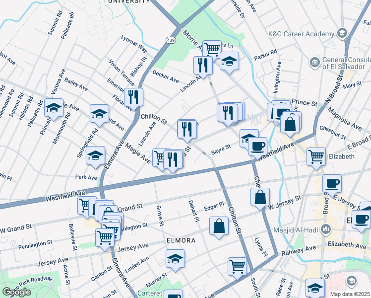 map of restaurants, bars, coffee shops, grocery stores, and more near 225 Orchard Street in Elizabeth