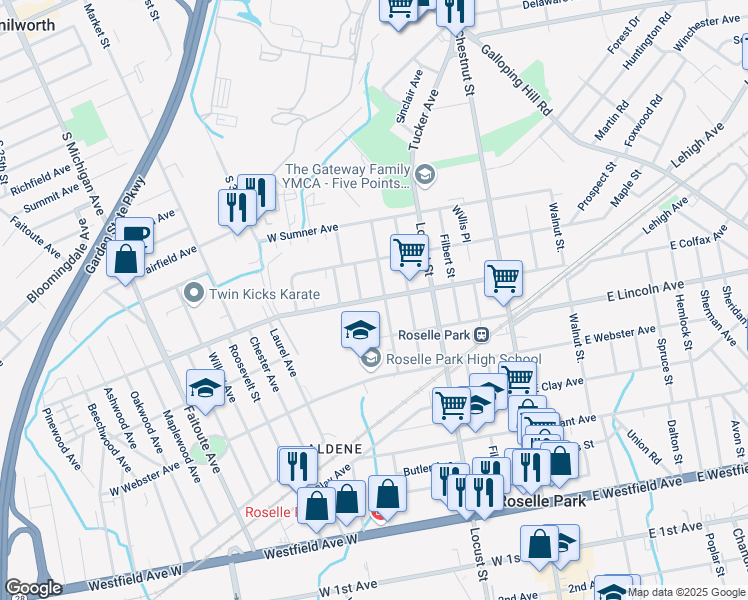 map of restaurants, bars, coffee shops, grocery stores, and more near 622 Larch Street in Roselle Park