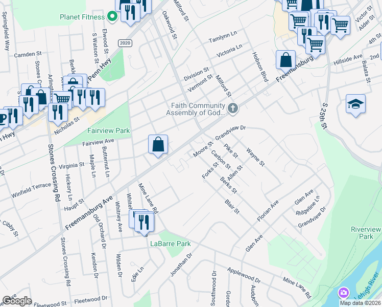 map of restaurants, bars, coffee shops, grocery stores, and more near 3245 Moore Street in Easton