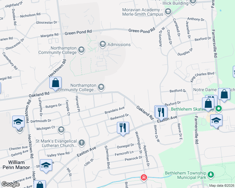 map of restaurants, bars, coffee shops, grocery stores, and more near 3450 Cornell Road in Bethlehem