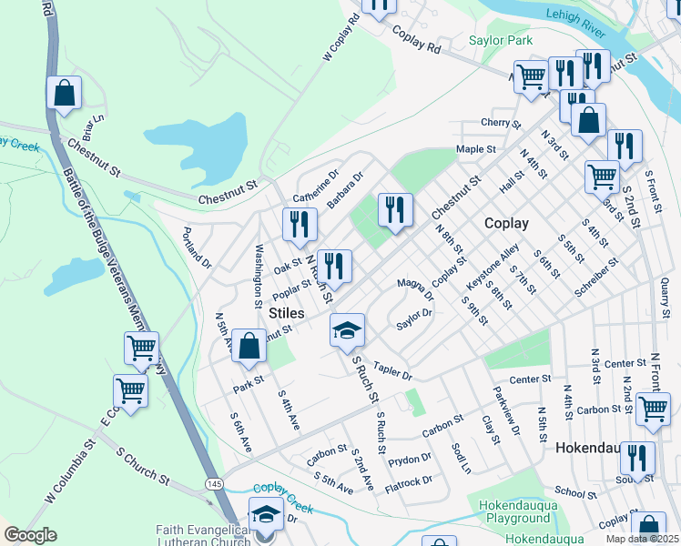 map of restaurants, bars, coffee shops, grocery stores, and more near 1123 Poplar Street in Coplay