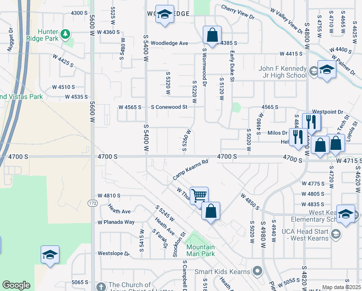 map of restaurants, bars, coffee shops, grocery stores, and more near 5272 West Postwood Circle in West Valley City