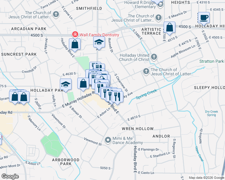 map of restaurants, bars, coffee shops, grocery stores, and more near 4681 Grosvenor Court in Holladay