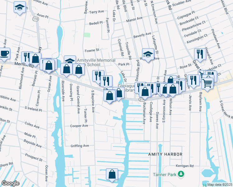 map of restaurants, bars, coffee shops, grocery stores, and more near 400 Merrick Rd in Amityville