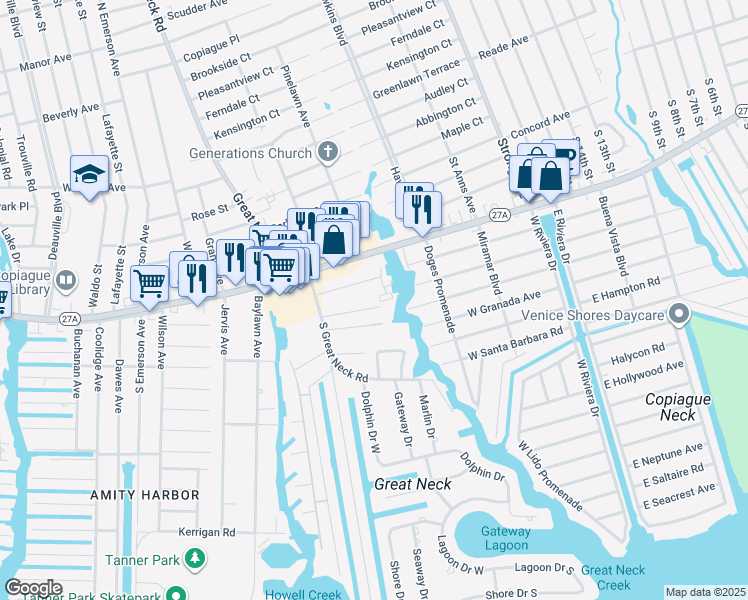 map of restaurants, bars, coffee shops, grocery stores, and more near 85 Schmeelk Place in Copiague