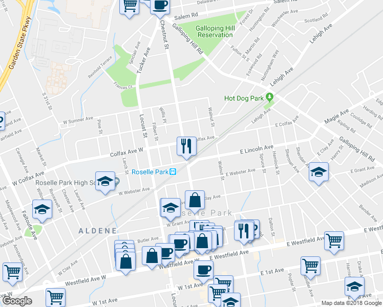 map of restaurants, bars, coffee shops, grocery stores, and more near 609 Chestnut Street in Roselle Park