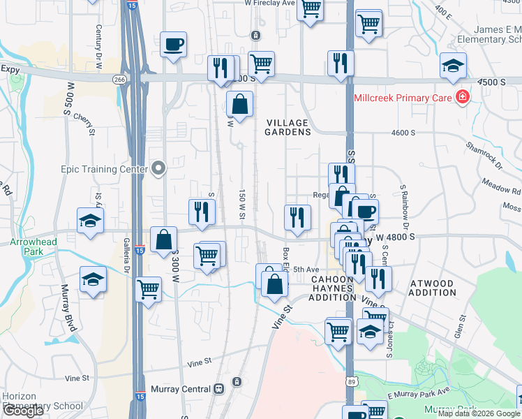 map of restaurants, bars, coffee shops, grocery stores, and more near 4752 Hillhouse Cove in Murray