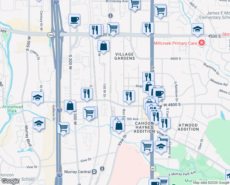 map of restaurants, bars, coffee shops, grocery stores, and more near 4756 Hillhouse Cove in Murray