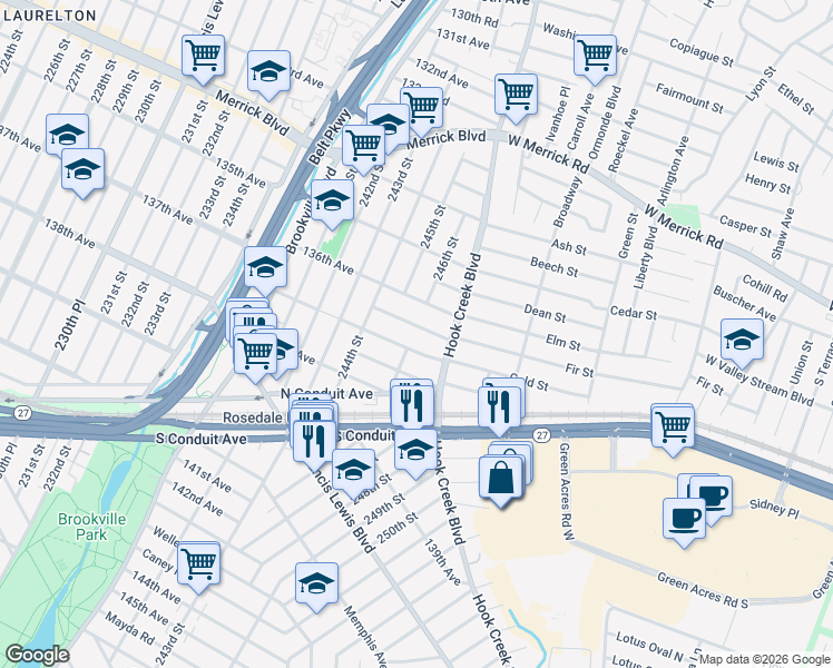 map of restaurants, bars, coffee shops, grocery stores, and more near 246-7 137th Avenue in Queens
