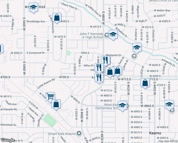 map of restaurants, bars, coffee shops, grocery stores, and more near 4905 Hellas Drive in West Valley City