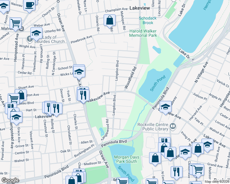 map of restaurants, bars, coffee shops, grocery stores, and more near Langdon Boulevard in Rockville Centre