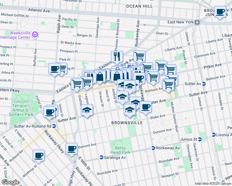 map of restaurants, bars, coffee shops, grocery stores, and more near 103 Amboy Street in Brooklyn
