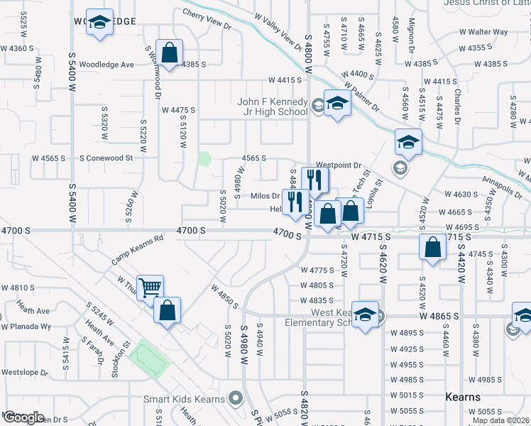map of restaurants, bars, coffee shops, grocery stores, and more near 4905 Hellas Drive in West Valley City