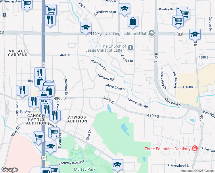map of restaurants, bars, coffee shops, grocery stores, and more near 436 Moss Creek Drive in Murray