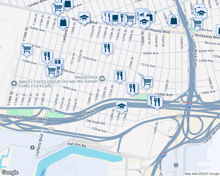 map of restaurants, bars, coffee shops, grocery stores, and more near 135-39 126th Street in Queens