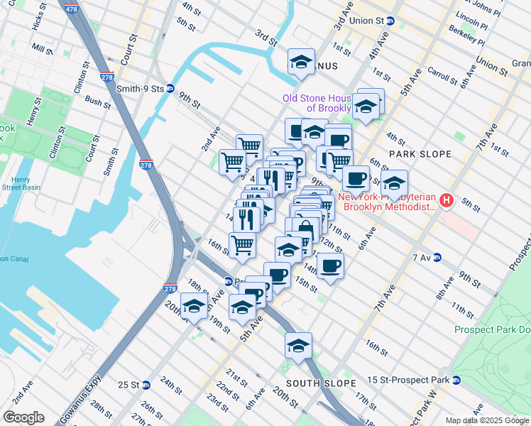 map of restaurants, bars, coffee shops, grocery stores, and more near 221 12th Street in Brooklyn