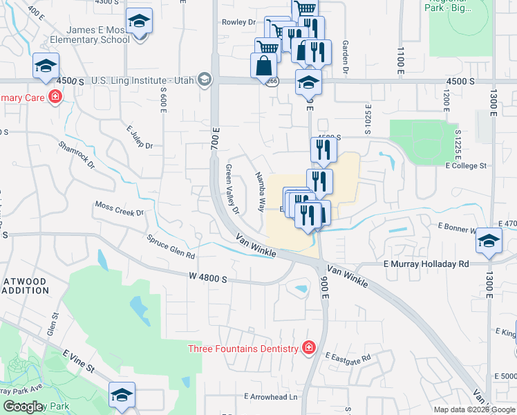 map of restaurants, bars, coffee shops, grocery stores, and more near in Millcreek
