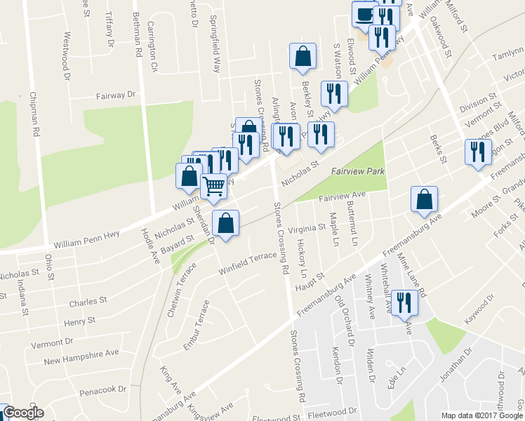map of restaurants, bars, coffee shops, grocery stores, and more near 4016 Bayard Street in Easton