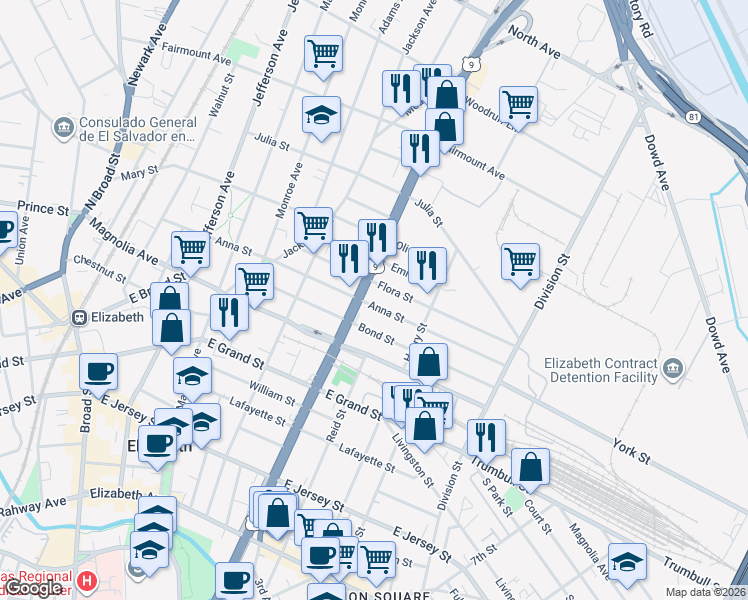 map of restaurants, bars, coffee shops, grocery stores, and more near 951 Anna Street in Elizabeth