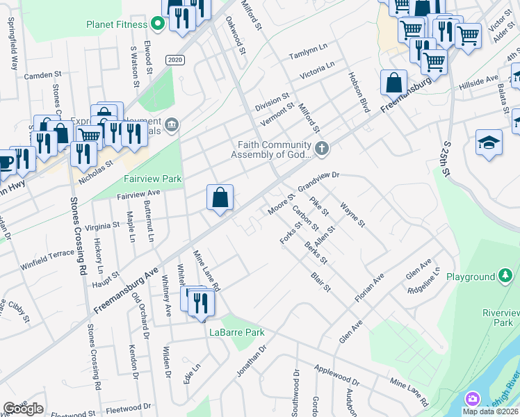 map of restaurants, bars, coffee shops, grocery stores, and more near E Street in Easton