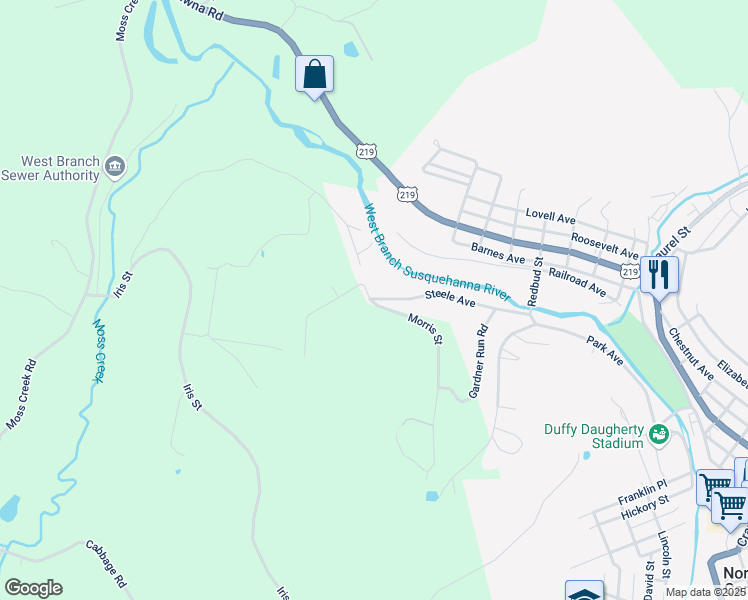 map of restaurants, bars, coffee shops, grocery stores, and more near 298 Steele Ave in Northern Cambria