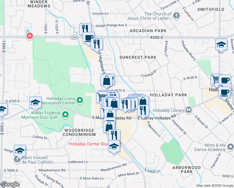 map of restaurants, bars, coffee shops, grocery stores, and more near 4699 Highland Drive in Holladay