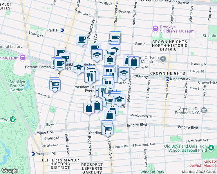 map of restaurants, bars, coffee shops, grocery stores, and more near 1180 President Street in Brooklyn