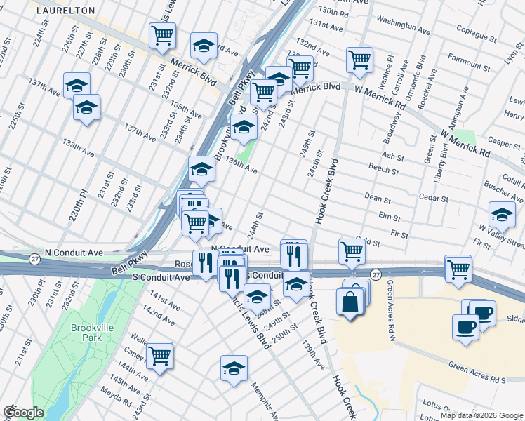 map of restaurants, bars, coffee shops, grocery stores, and more near 137-15 244th Street in Queens