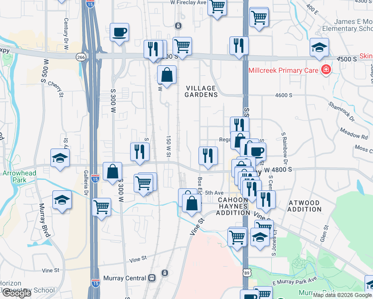 map of restaurants, bars, coffee shops, grocery stores, and more near 4756 Hillhouse Cove in Murray