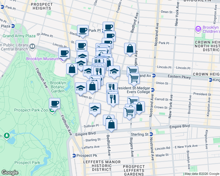 map of restaurants, bars, coffee shops, grocery stores, and more near 1042 President Street in Brooklyn