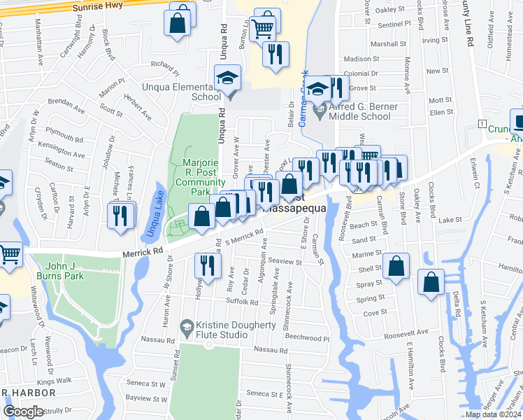 map of restaurants, bars, coffee shops, grocery stores, and more near 5419 Merrick Road in Massapequa