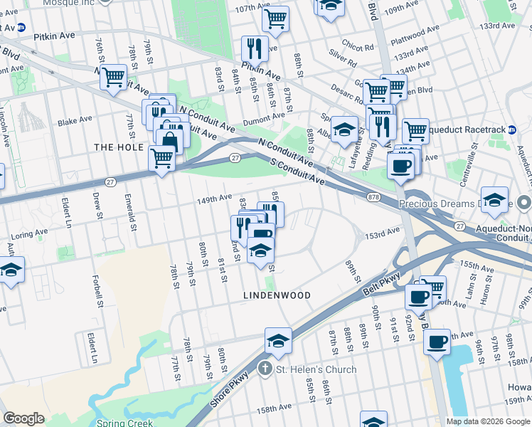 map of restaurants, bars, coffee shops, grocery stores, and more near 149-31 84th Street in Queens