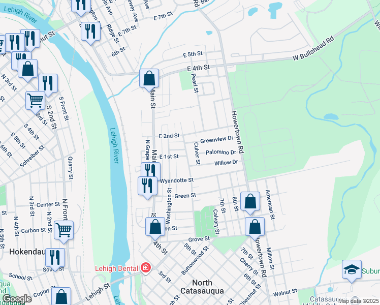 map of restaurants, bars, coffee shops, grocery stores, and more near 126 East 1st Street in Northampton